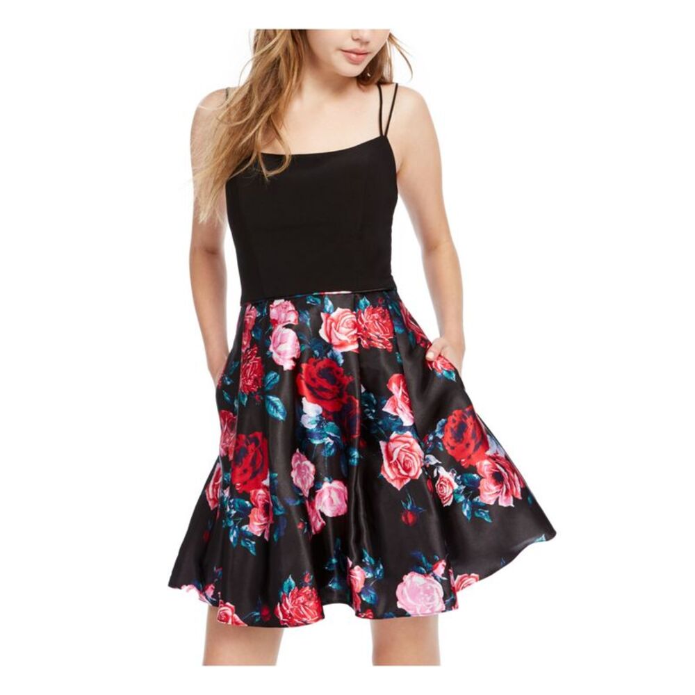 BLONDIE Womens Fit + Flare Short Dress Black Pockets Spaghetti Strap Juniors 1